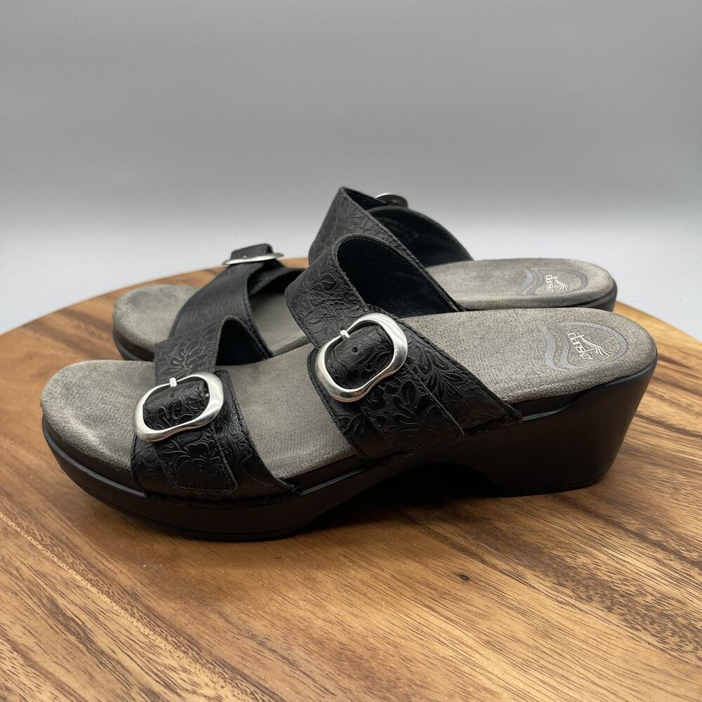 Dansko Shoes Womens 8.5 / 39 Black Embossed Wedge Sandals Comfort Slip On Buckle - Picture 3 of 8